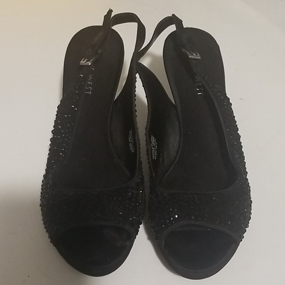 Black sequined platform sling backs